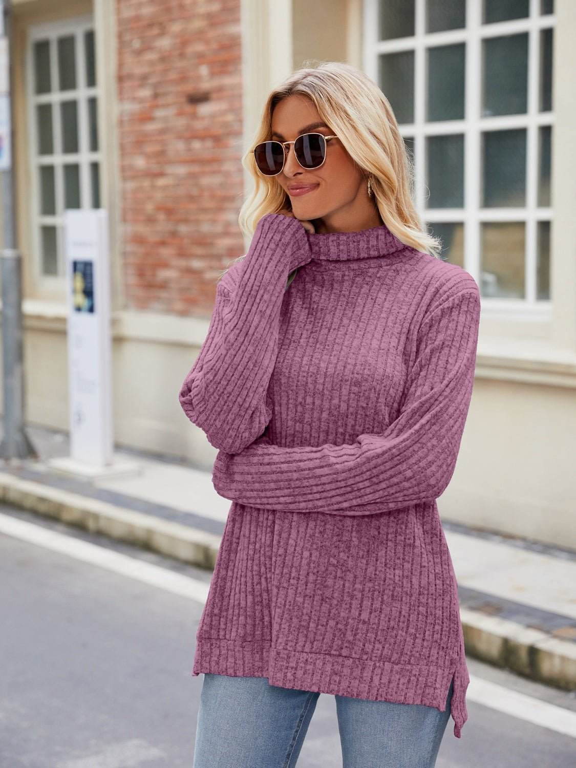 Ribbed Turtleneck Long Sleeve Slit Knit Top - ViarousViarousViarous