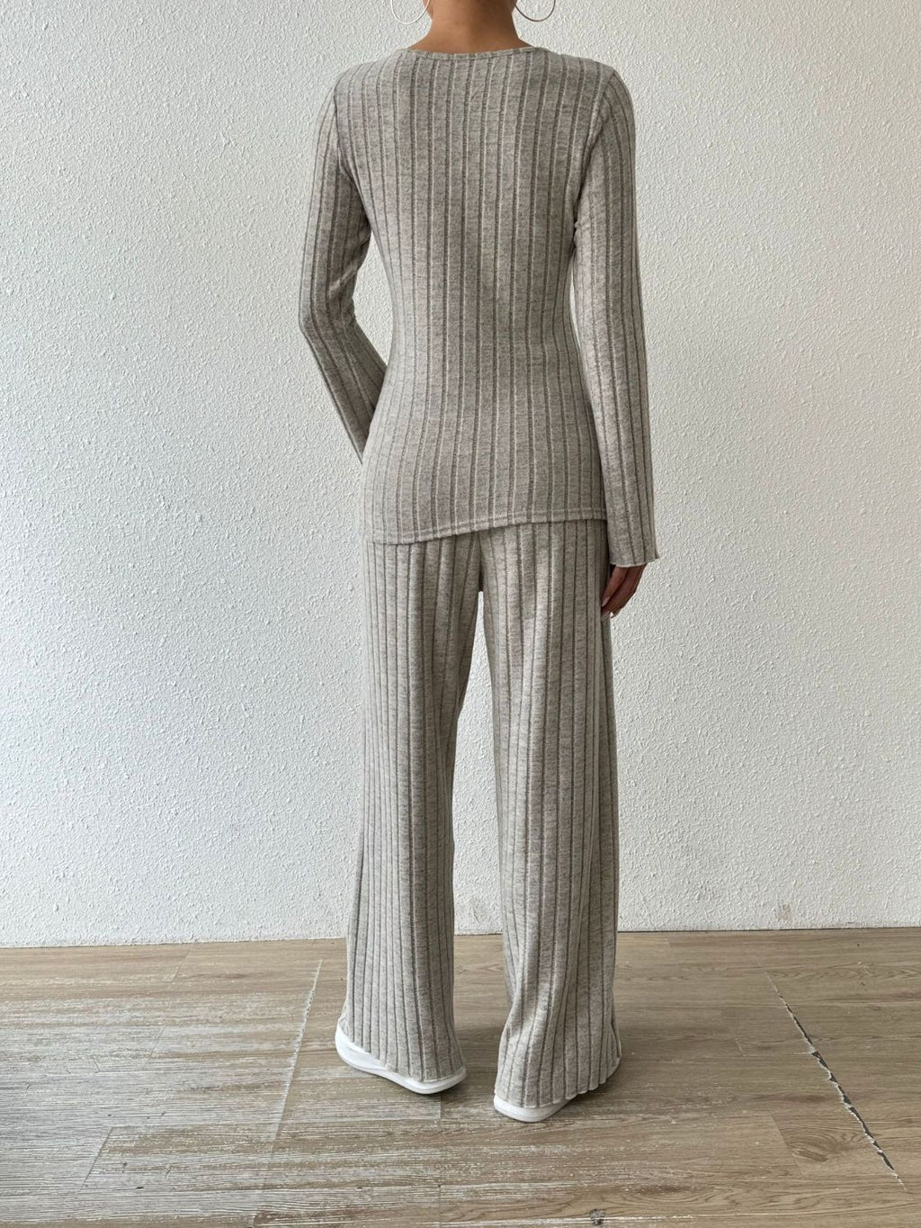 Ribbed V - Neck Long Sleeve Top and Pocketed Pants Set - ViarousViarousViarous