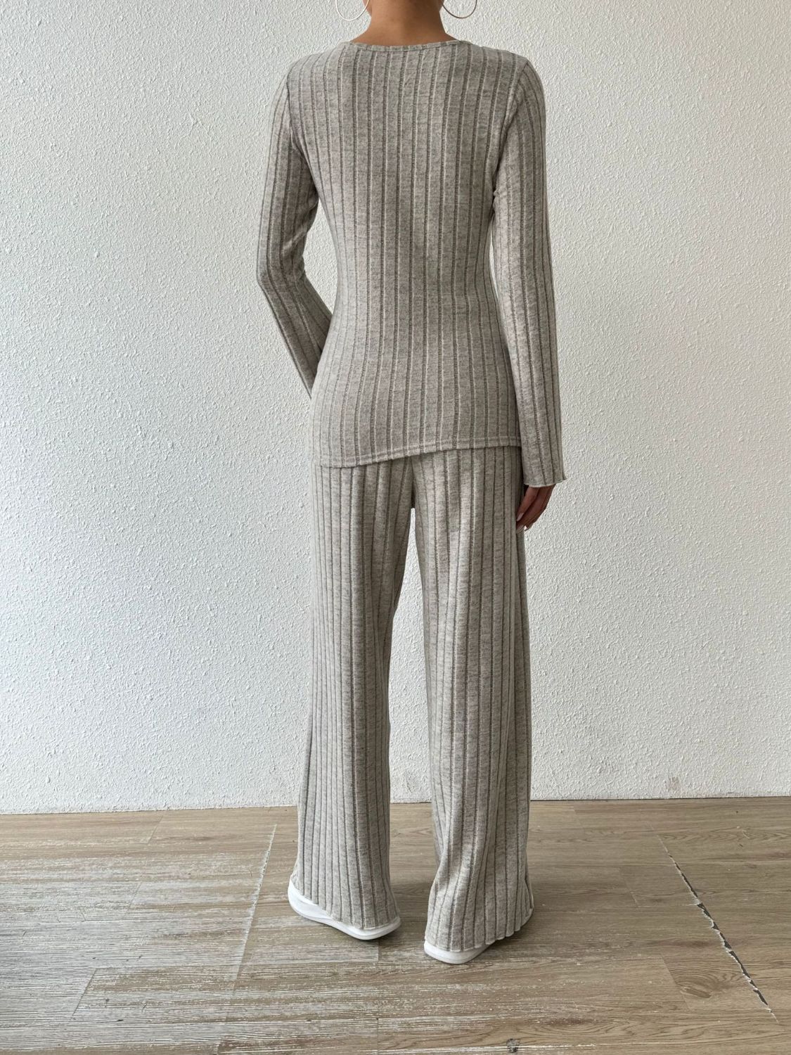 Ribbed V - Neck Long Sleeve Top and Pocketed Pants Set - ViarousViarousViarous