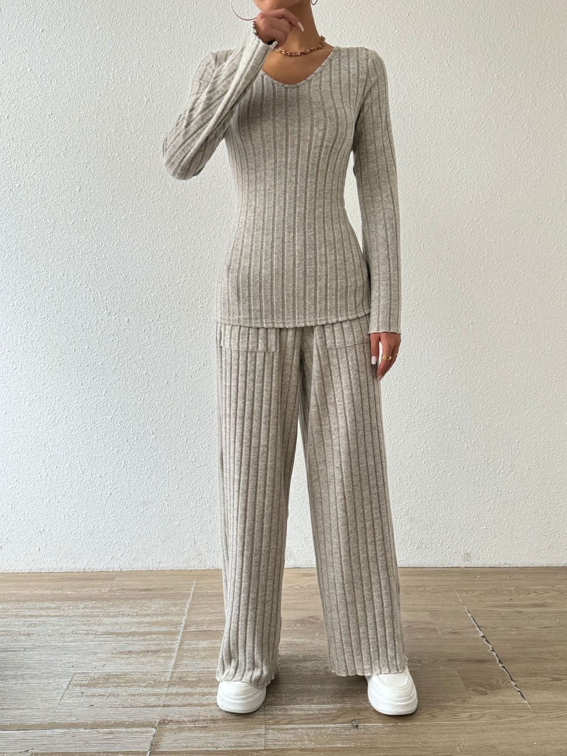 Ribbed V - Neck Long Sleeve Top and Pocketed Pants Set - ViarousViarousViarous