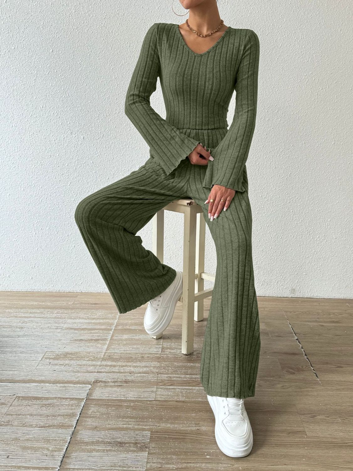 Ribbed V - Neck Long Sleeve Top and Pocketed Pants Set - ViarousViarousViarous