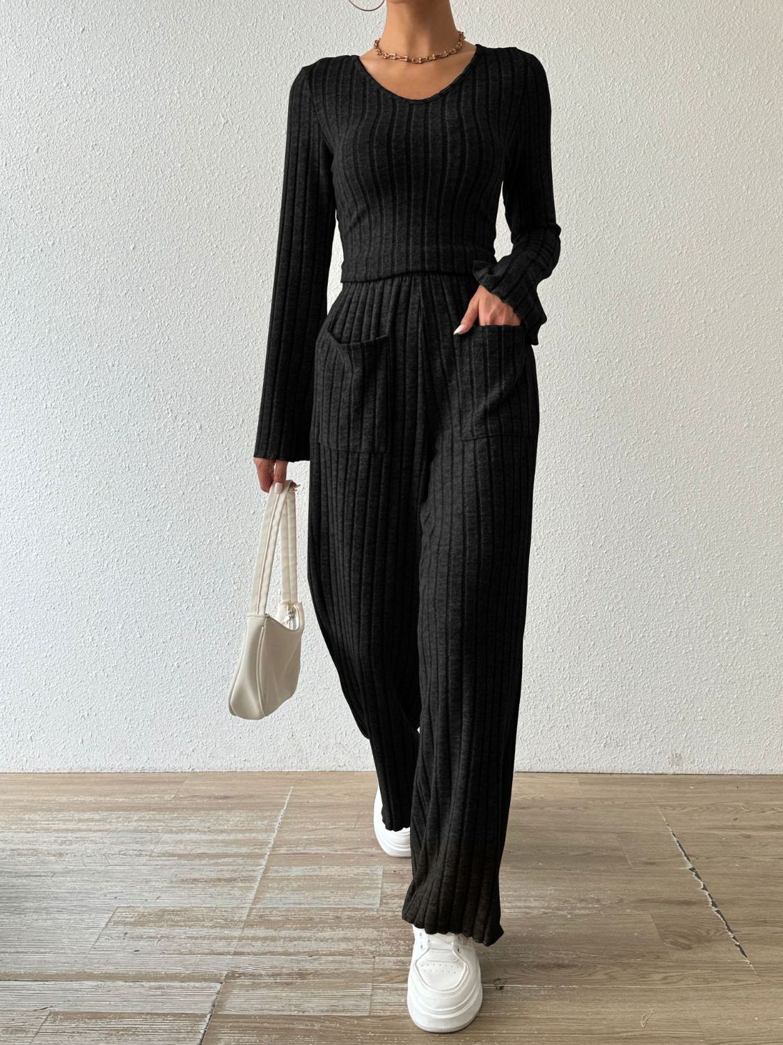 Ribbed V - Neck Long Sleeve Top and Pocketed Pants Set - ViarousViarousViarous