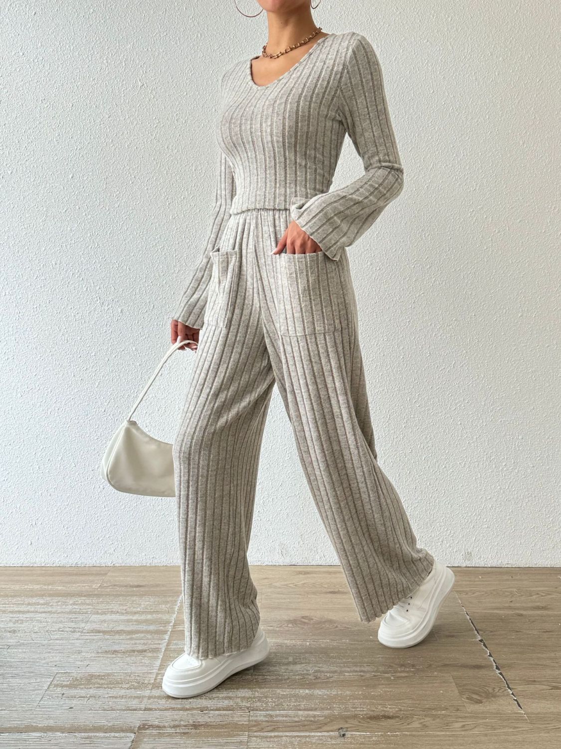 Ribbed V - Neck Long Sleeve Top and Pocketed Pants Set - ViarousViarousViarous