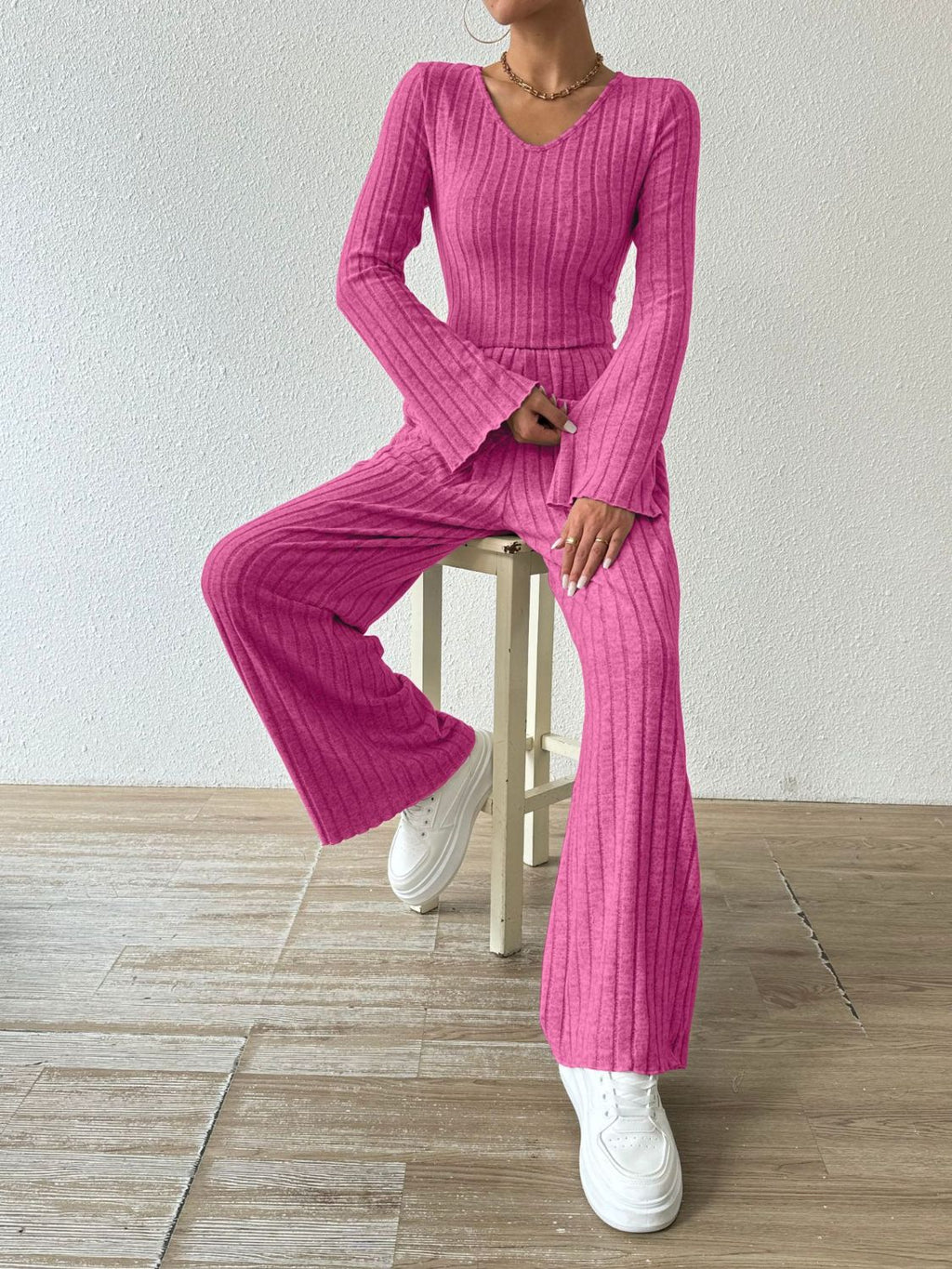 Ribbed V - Neck Long Sleeve Top and Pocketed Pants Set - ViarousViarousViarous