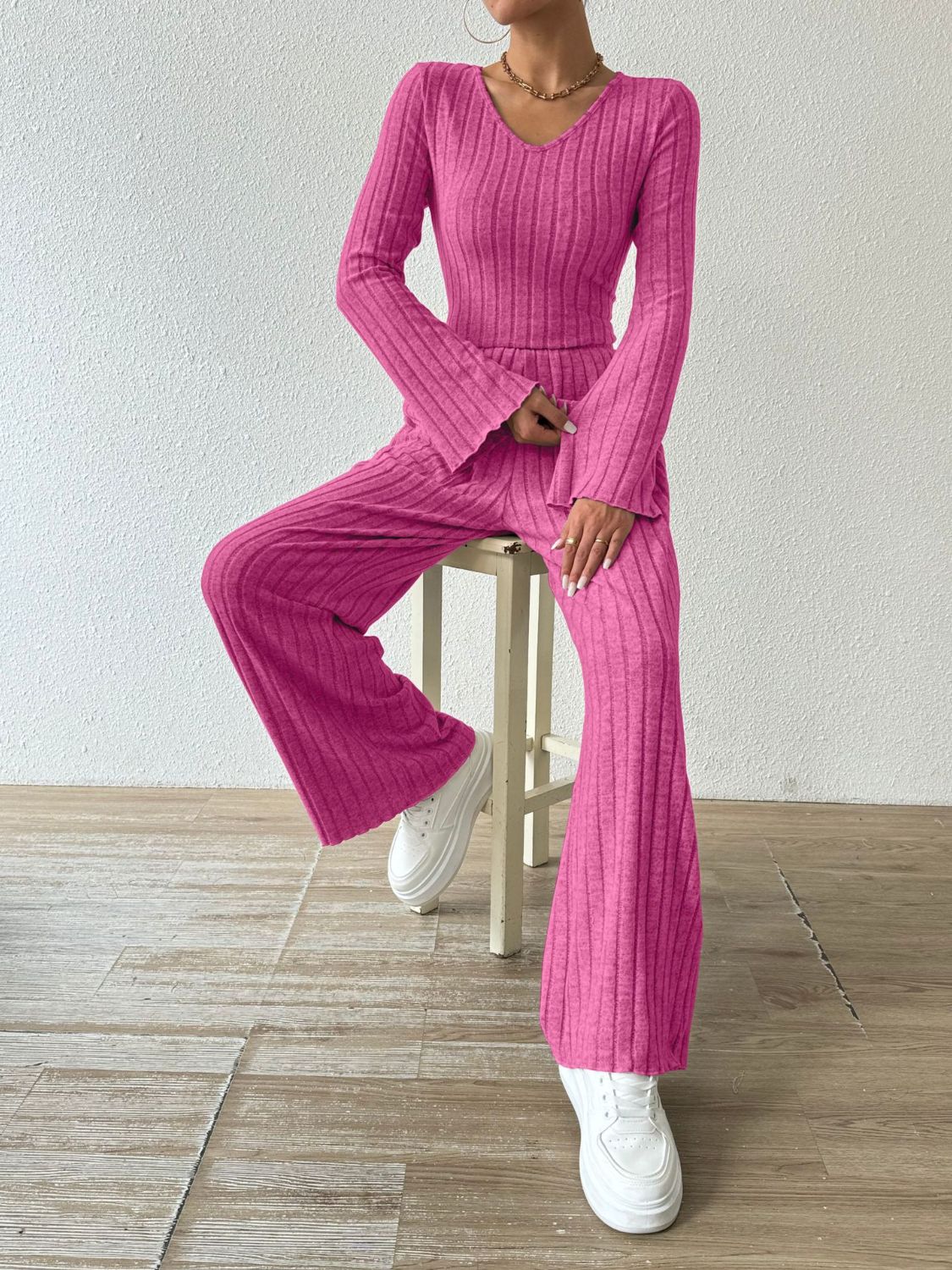 Ribbed V - Neck Long Sleeve Top and Pocketed Pants Set - ViarousViarousViarous
