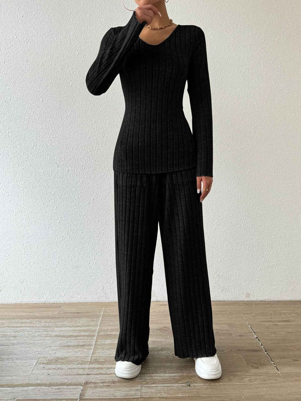 Ribbed V - Neck Long Sleeve Top and Pocketed Pants Set - ViarousViarousViarous