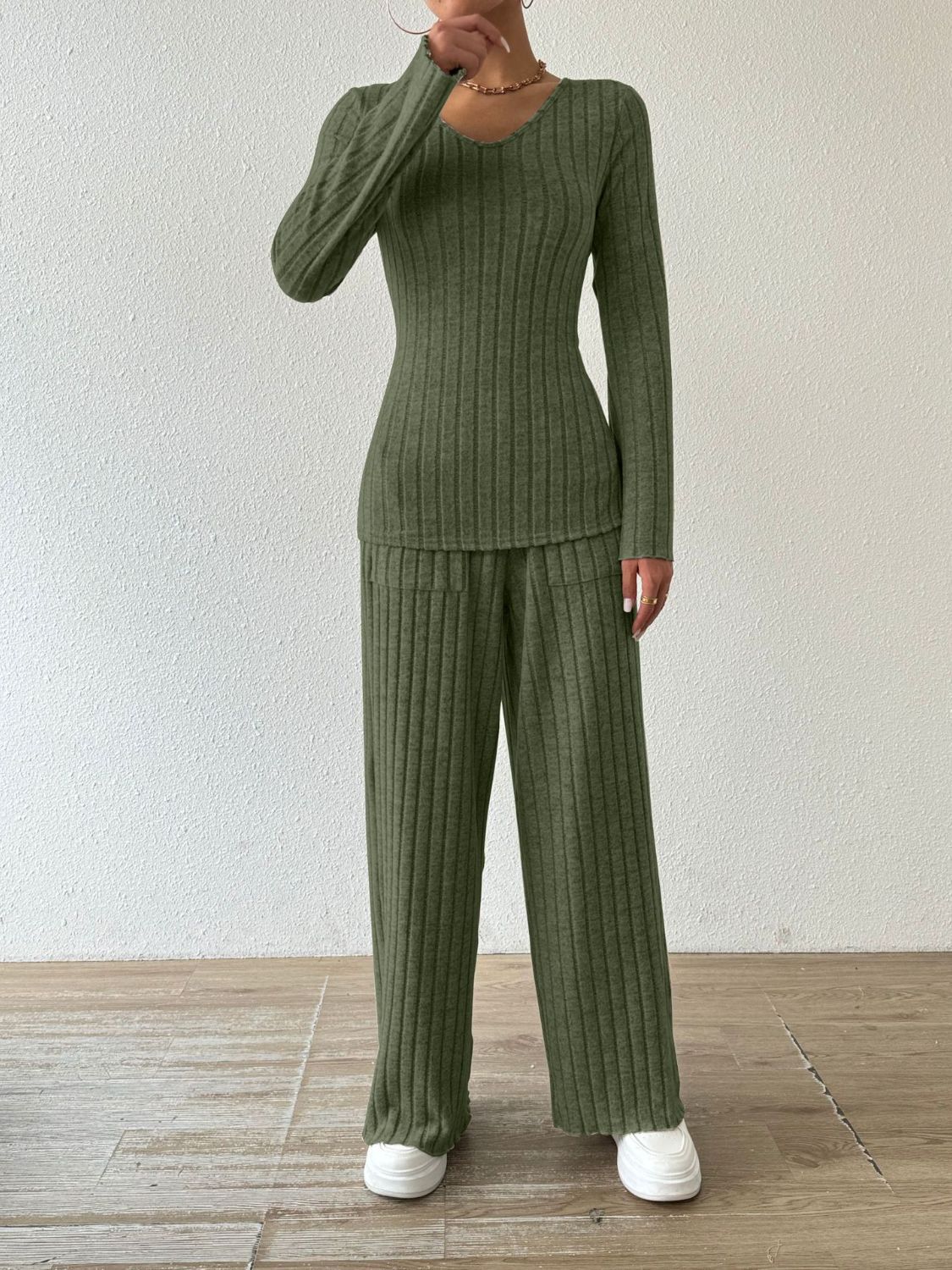 Ribbed V - Neck Long Sleeve Top and Pocketed Pants Set - ViarousViarousViarous