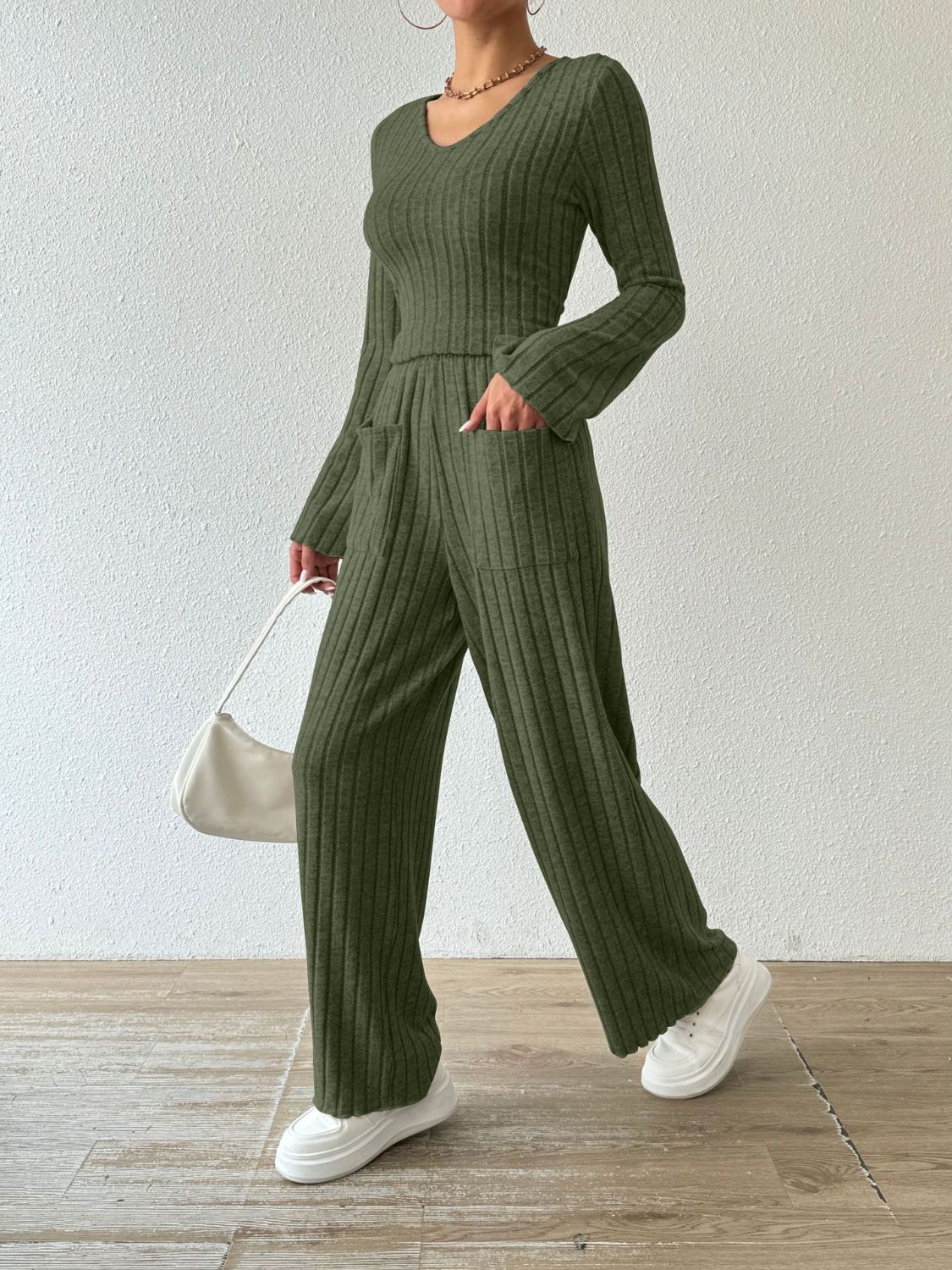 Ribbed V - Neck Long Sleeve Top and Pocketed Pants Set - ViarousViarousViarous