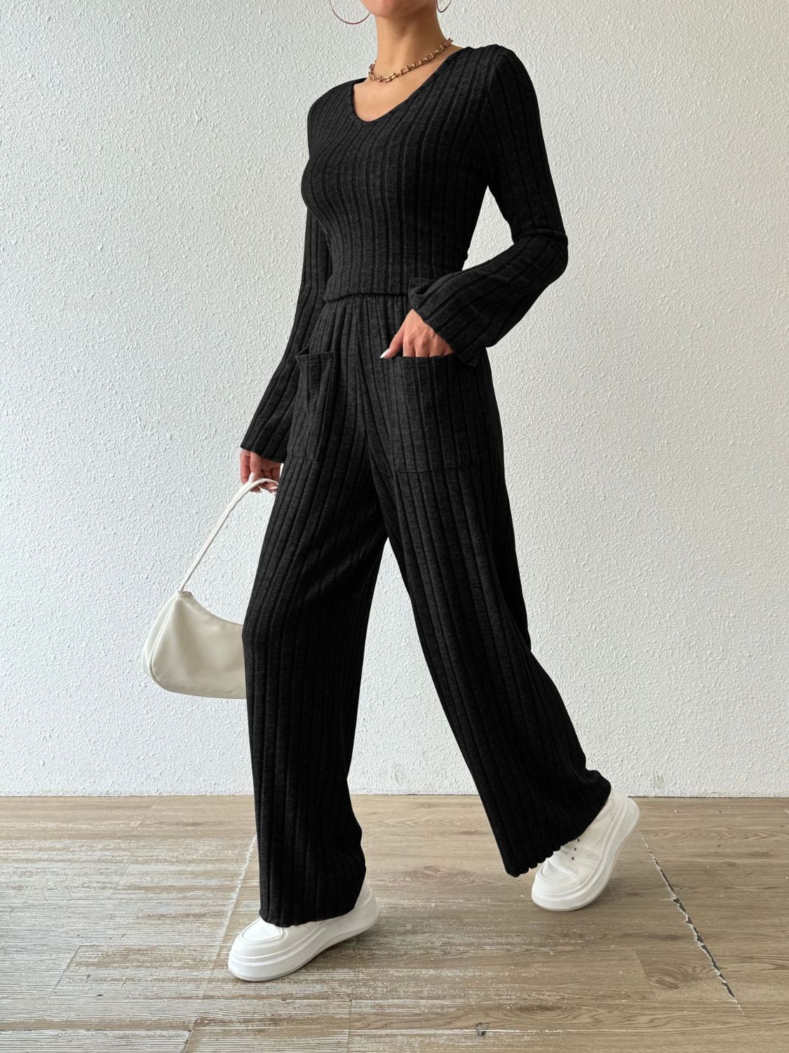 Ribbed V - Neck Long Sleeve Top and Pocketed Pants Set - ViarousViarousViarous