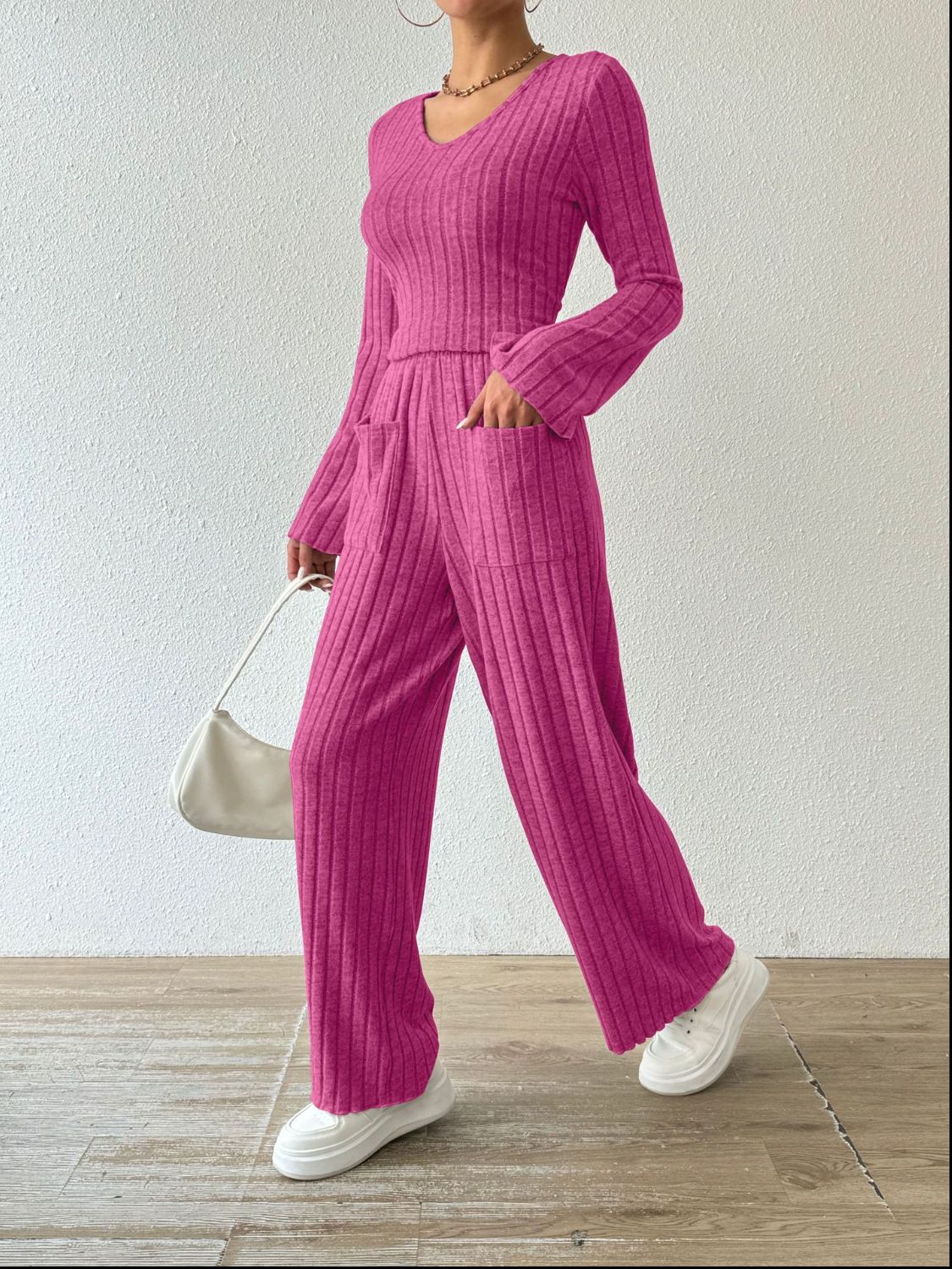 Ribbed V - Neck Long Sleeve Top and Pocketed Pants Set - ViarousViarousViarous