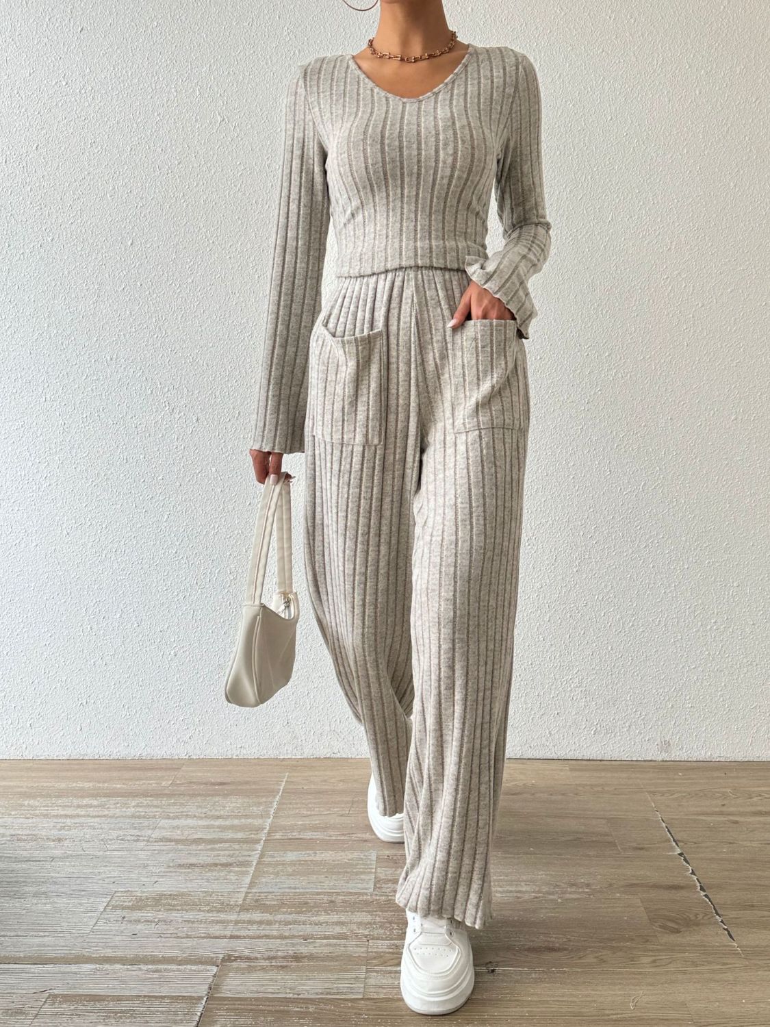 Ribbed V - Neck Long Sleeve Top and Pocketed Pants Set - ViarousViarousViarous