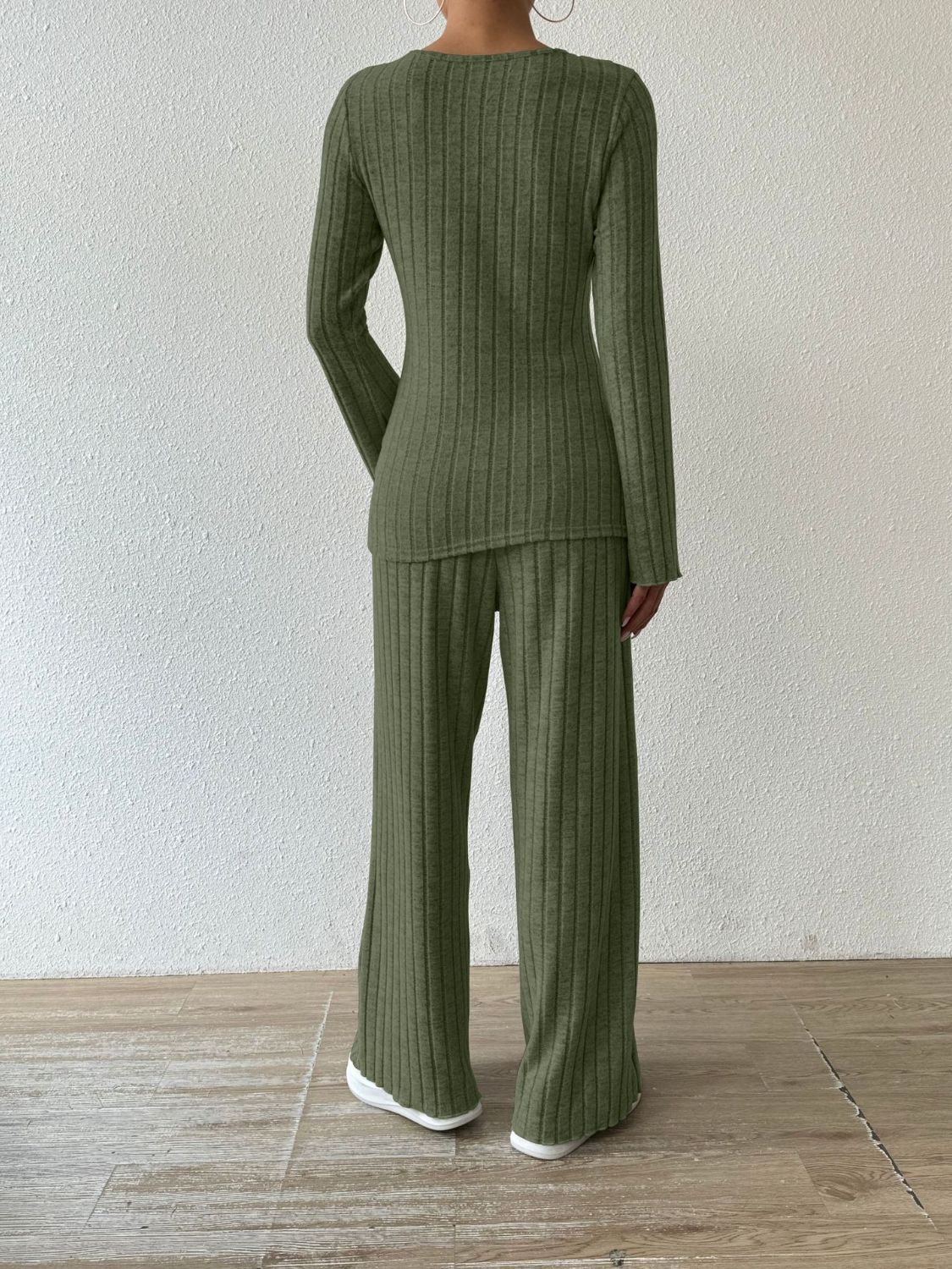 Ribbed V - Neck Long Sleeve Top and Pocketed Pants Set - ViarousViarousViarous