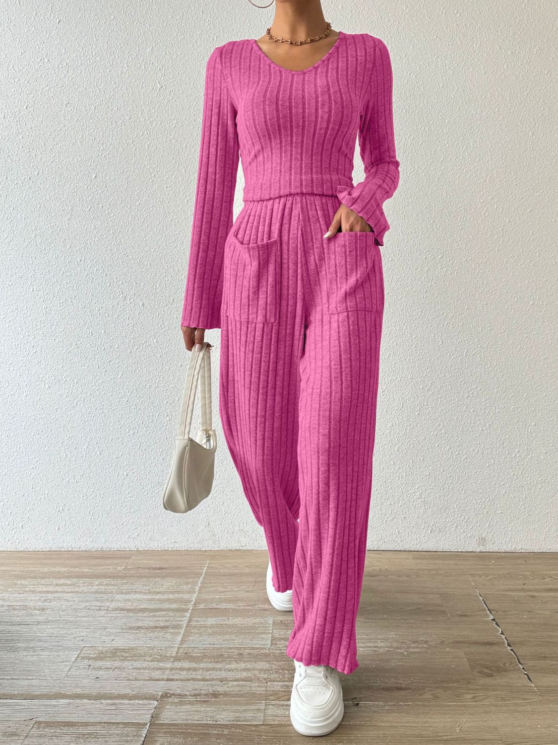 Ribbed V - Neck Long Sleeve Top and Pocketed Pants Set - ViarousViarousViarous