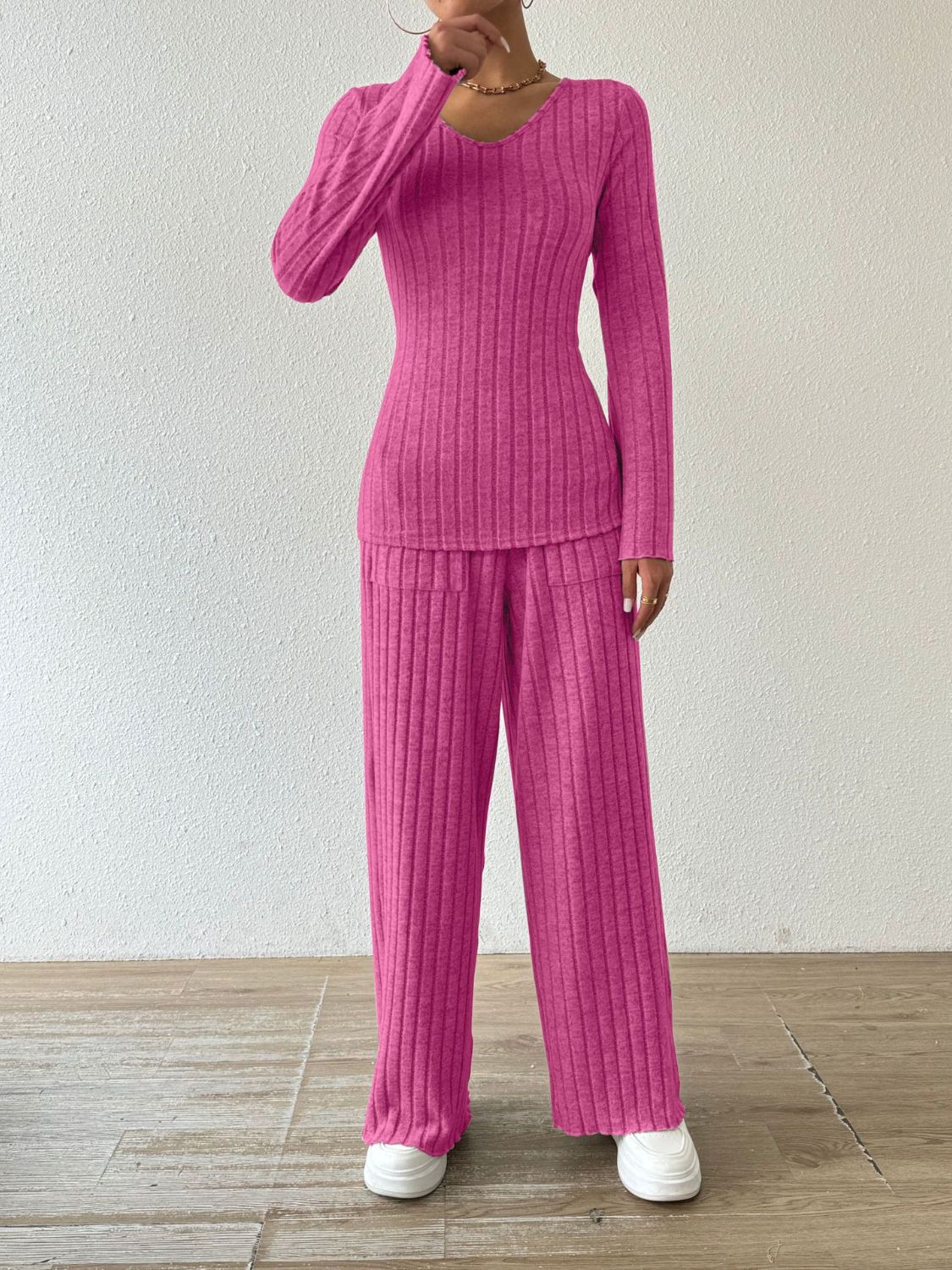 Ribbed V - Neck Long Sleeve Top and Pocketed Pants Set - ViarousViarousViarous