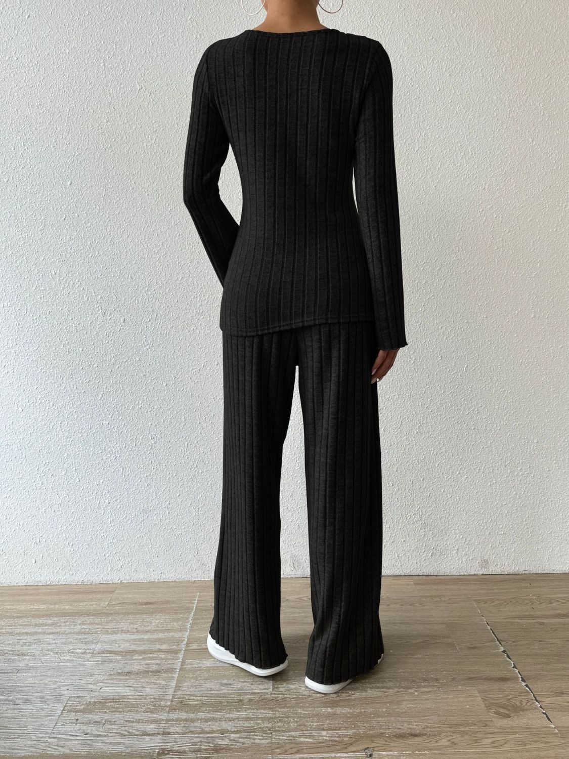 Ribbed V - Neck Long Sleeve Top and Pocketed Pants Set - ViarousViarousViarous