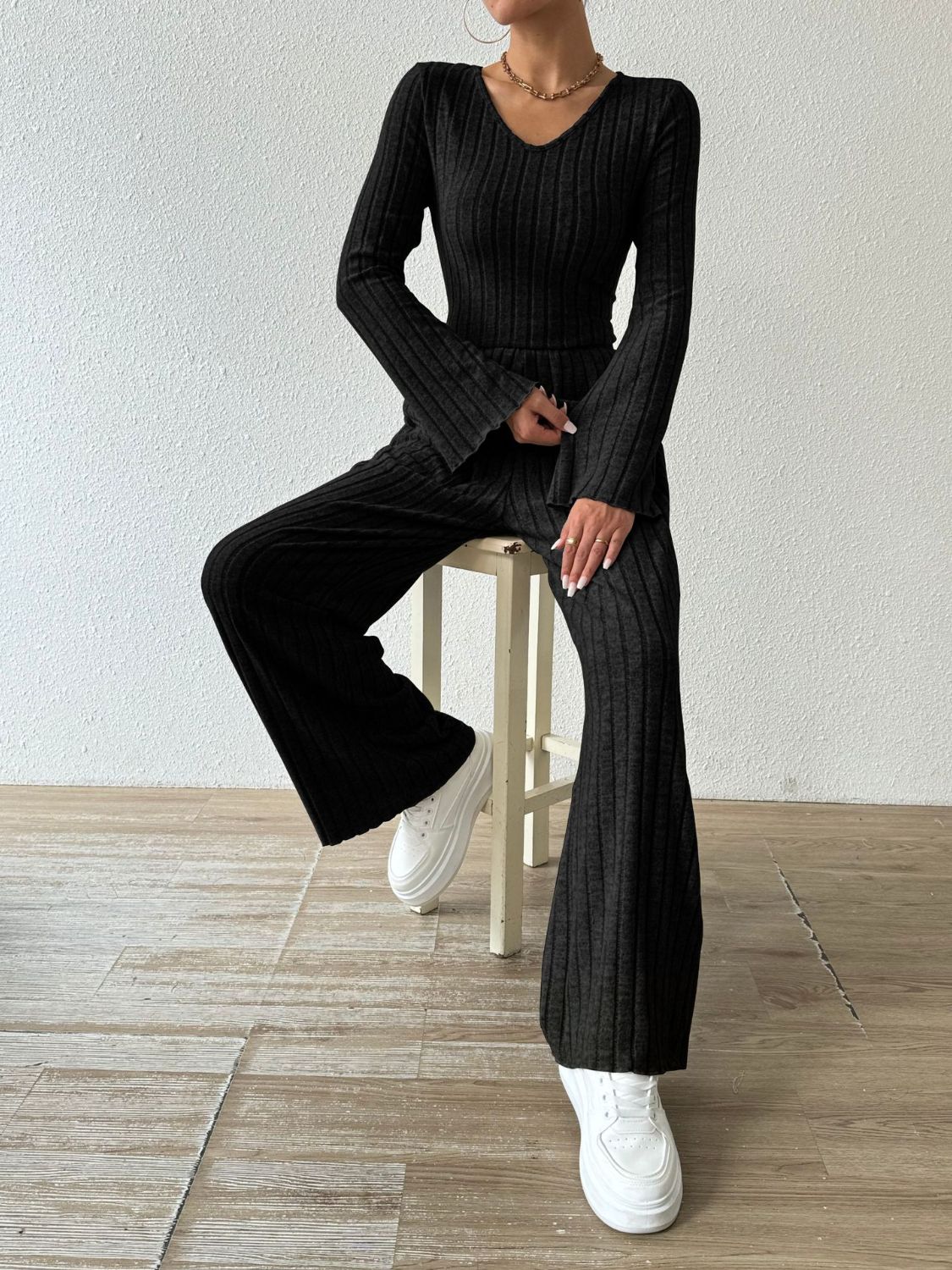 Ribbed V - Neck Long Sleeve Top and Pocketed Pants Set - ViarousViarousViarous