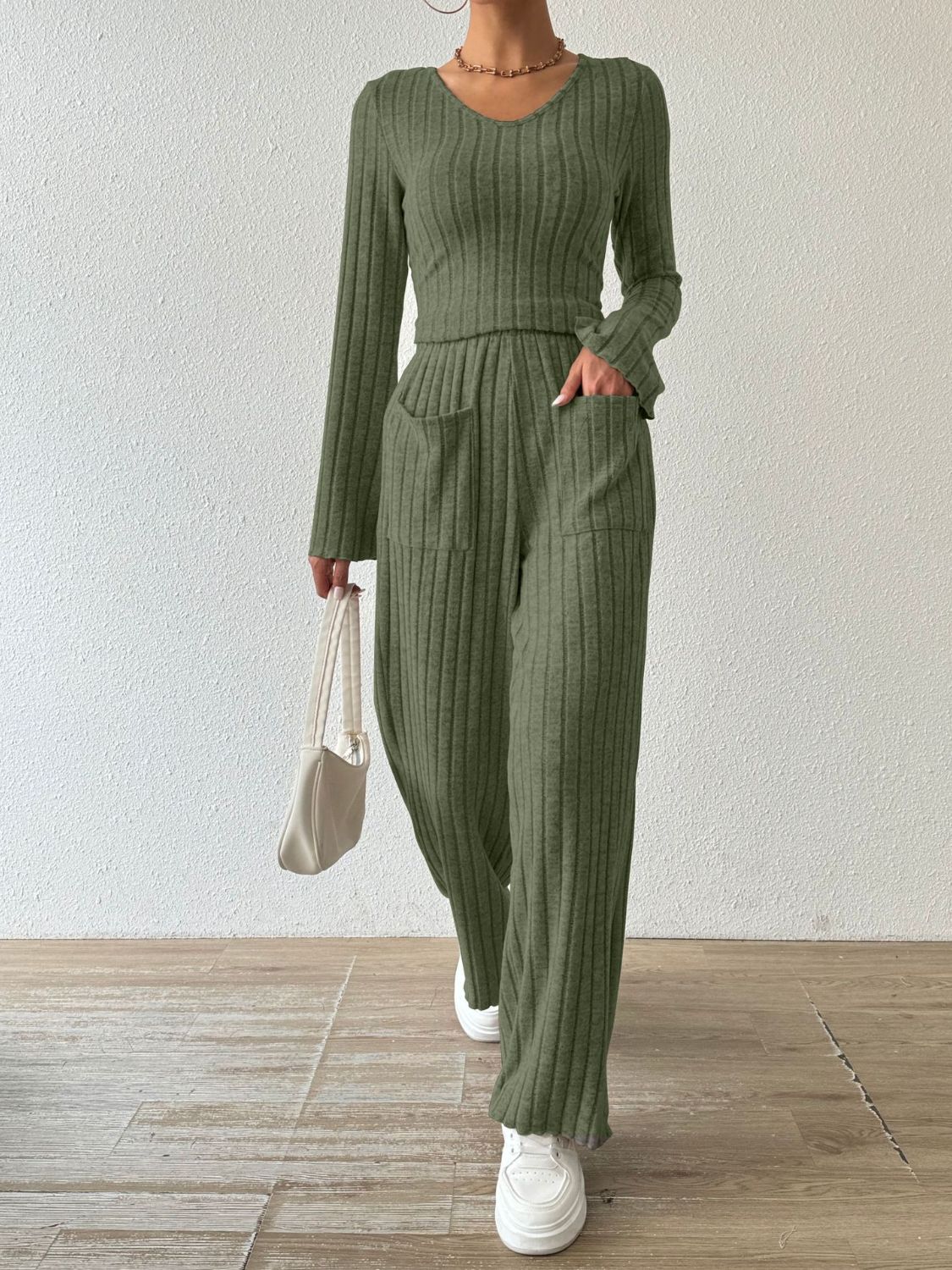 Ribbed V - Neck Long Sleeve Top and Pocketed Pants Set - ViarousViarousViarous