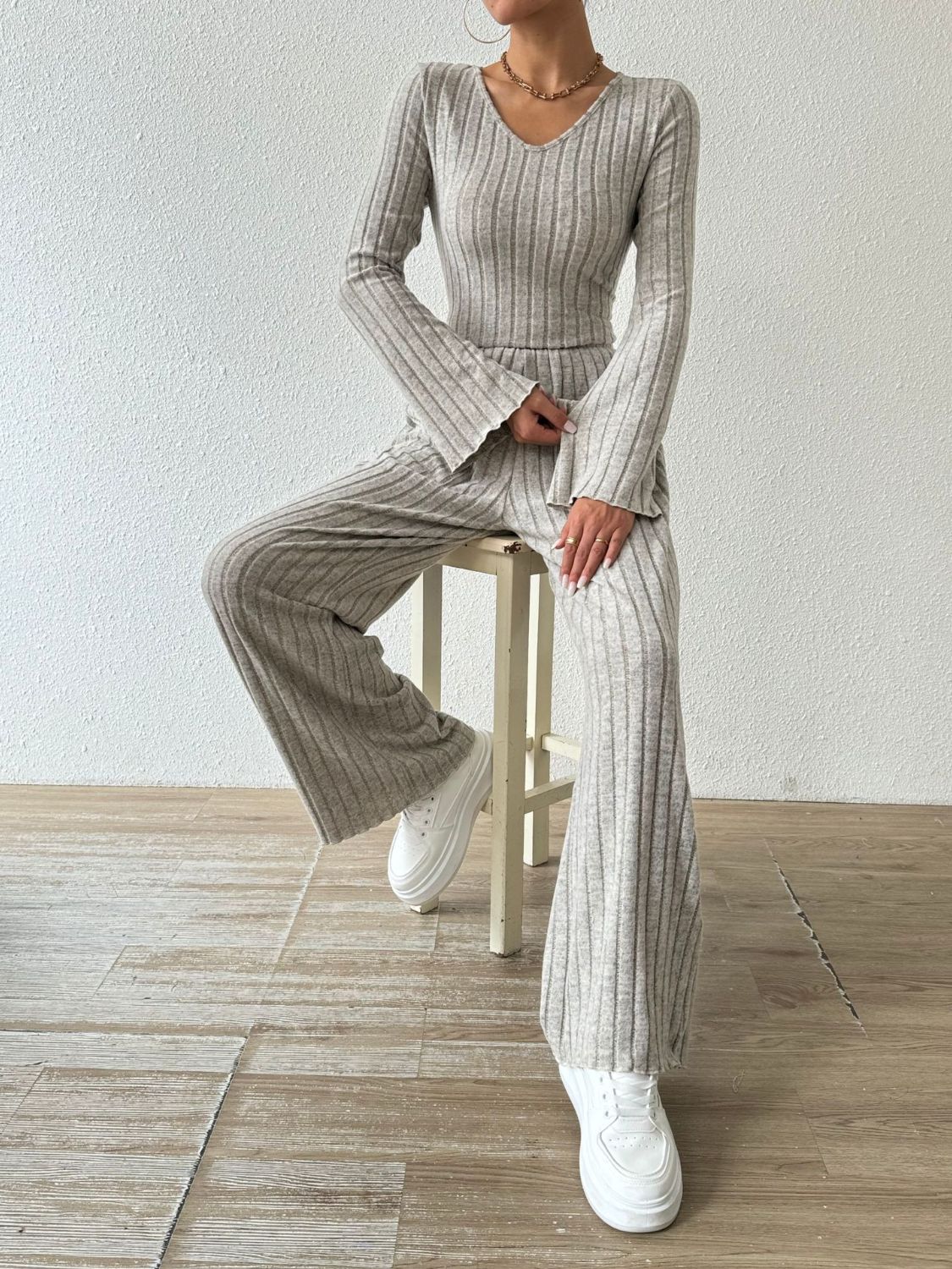 Ribbed V - Neck Long Sleeve Top and Pocketed Pants Set - ViarousViarousViarous