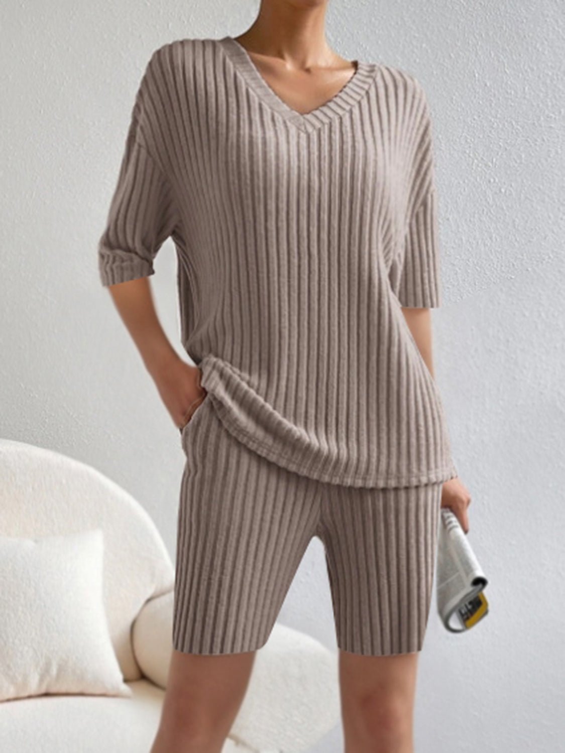Ribbed V - Neck Top and Shorts Set - ViarousViarousViarous