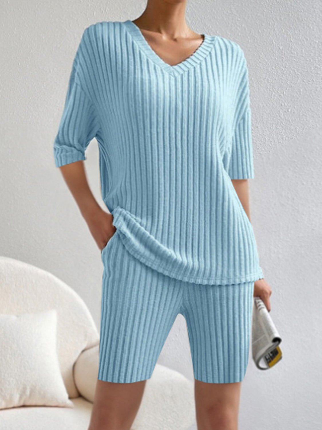 Ribbed V - Neck Top and Shorts Set - ViarousViarousViarous