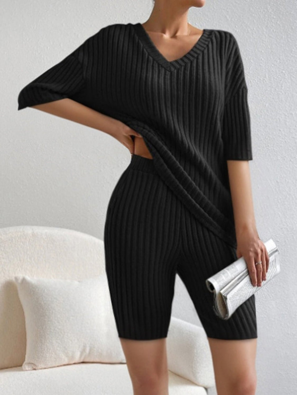 Ribbed V - Neck Top and Shorts Set - ViarousViarousViarous