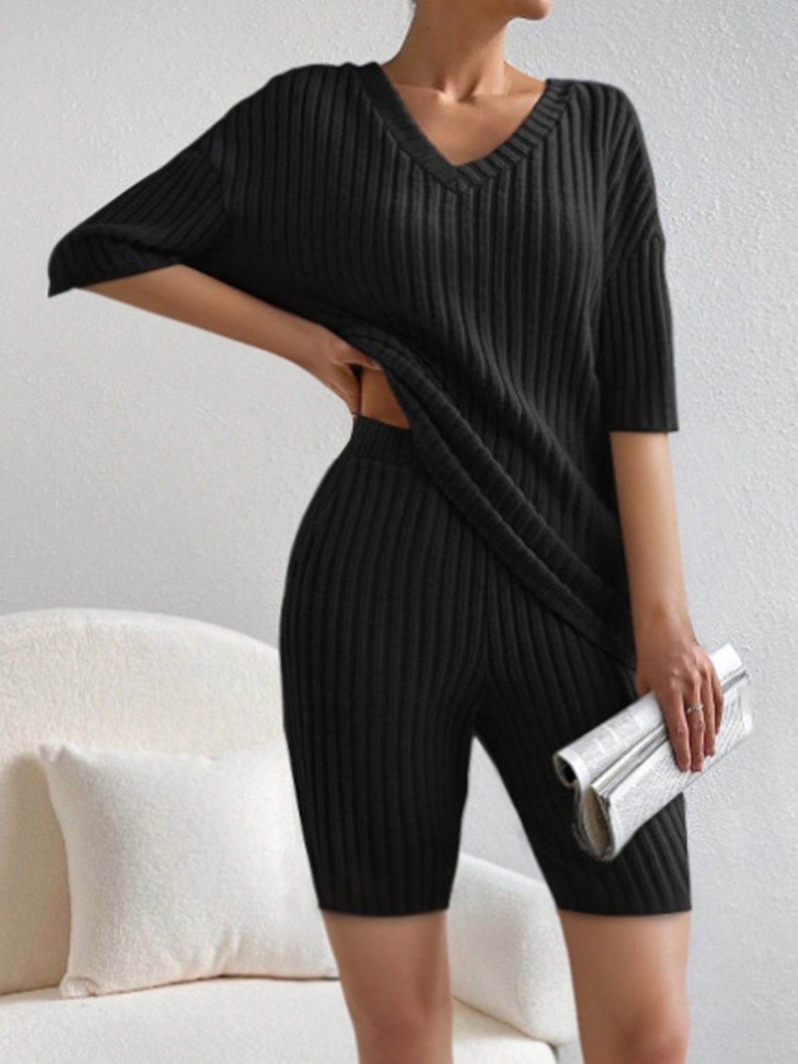 Ribbed V - Neck Top and Shorts Set - ViarousViarousViarous