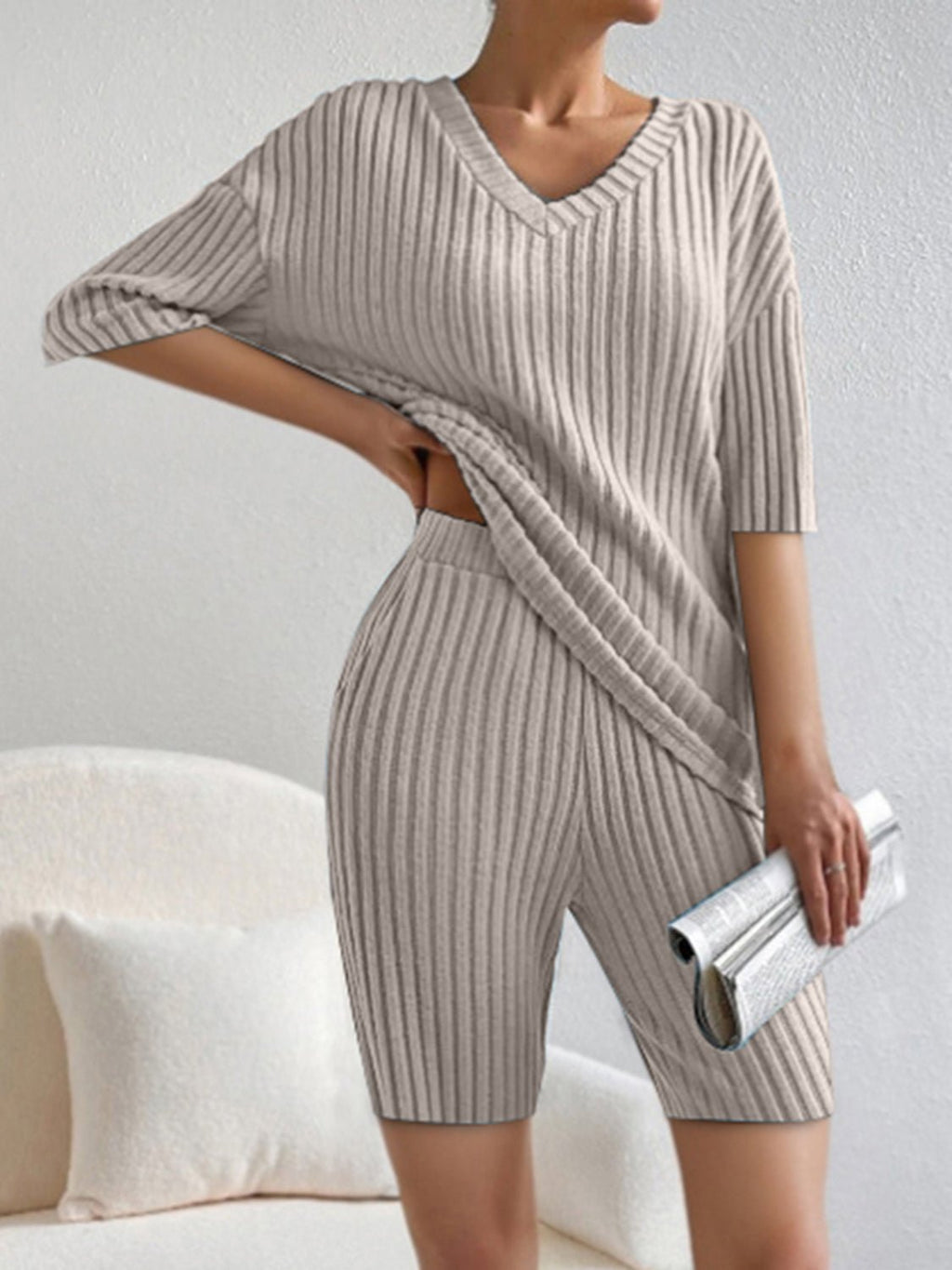 Ribbed V - Neck Top and Shorts Set - ViarousViarousViarous