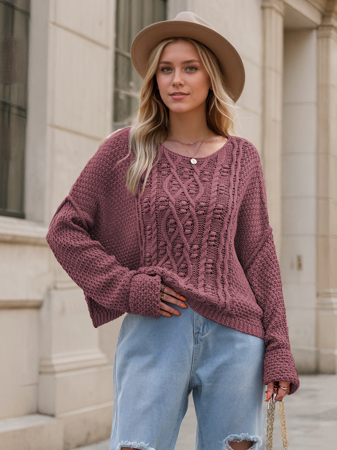 Round Neck Dropped Shoulder Long Sleeve Sweater - ViarousViarousViarous