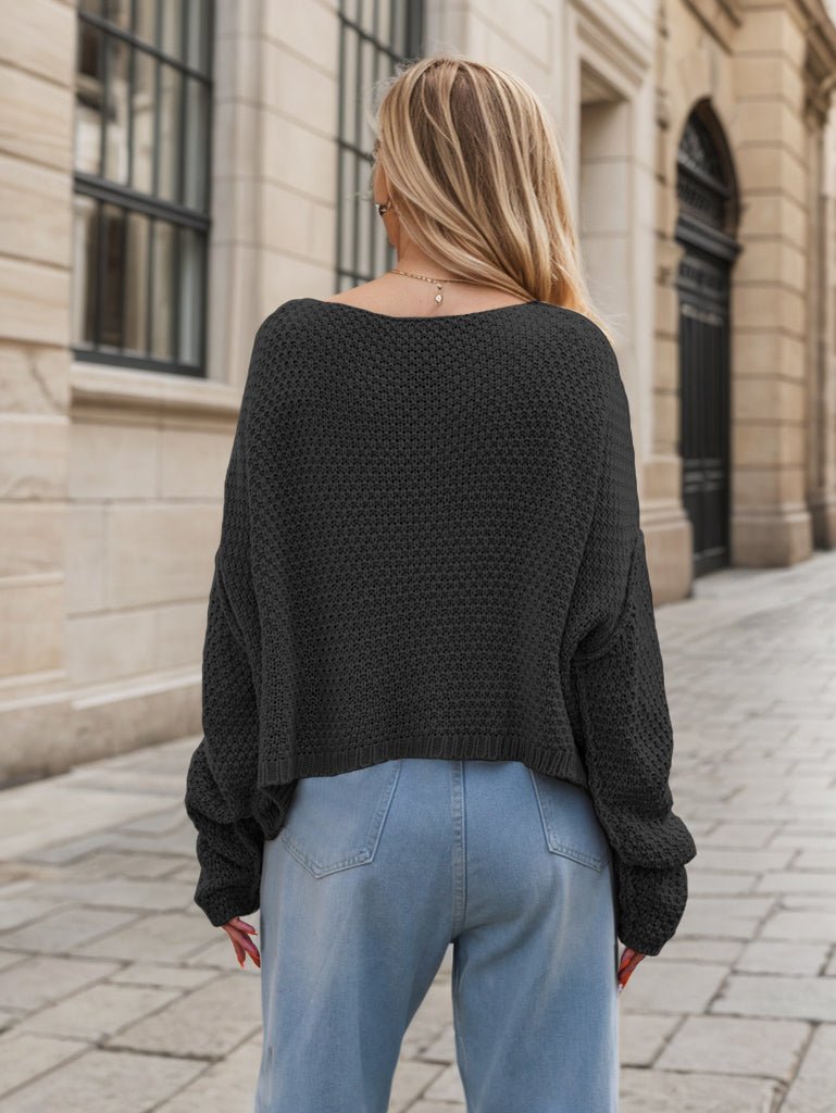 Round Neck Dropped Shoulder Long Sleeve Sweater - ViarousViarousViarous