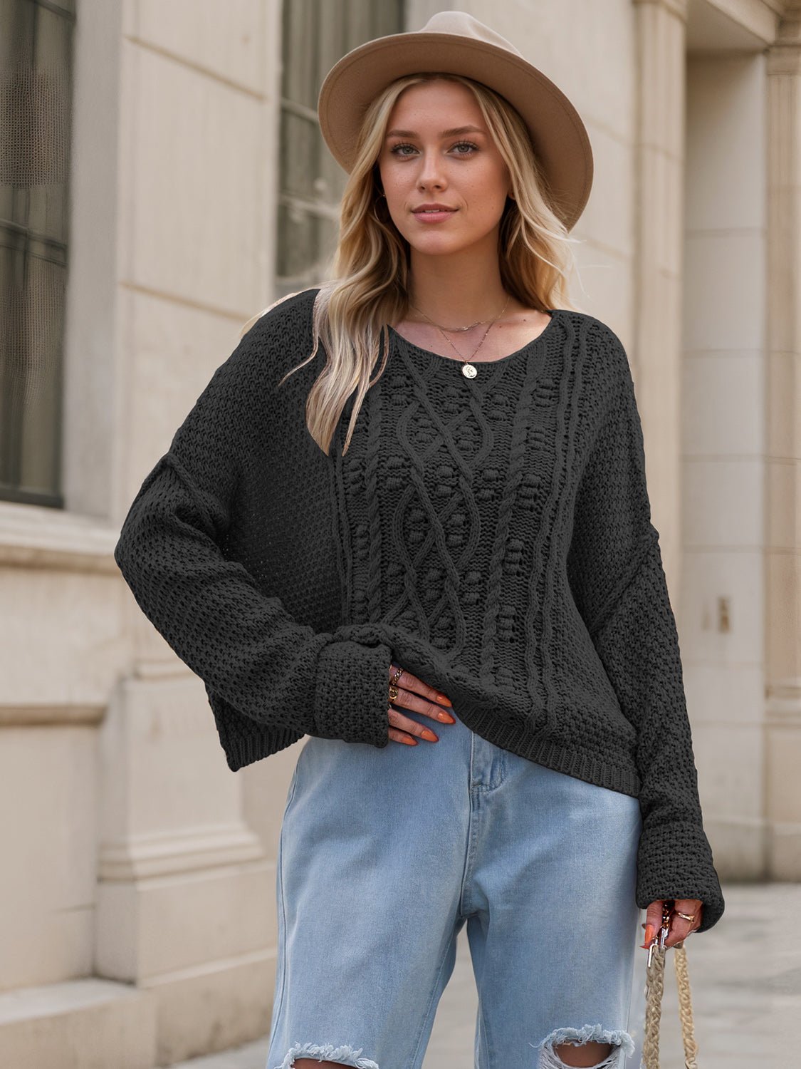 Round Neck Dropped Shoulder Long Sleeve Sweater - ViarousViarousViarous