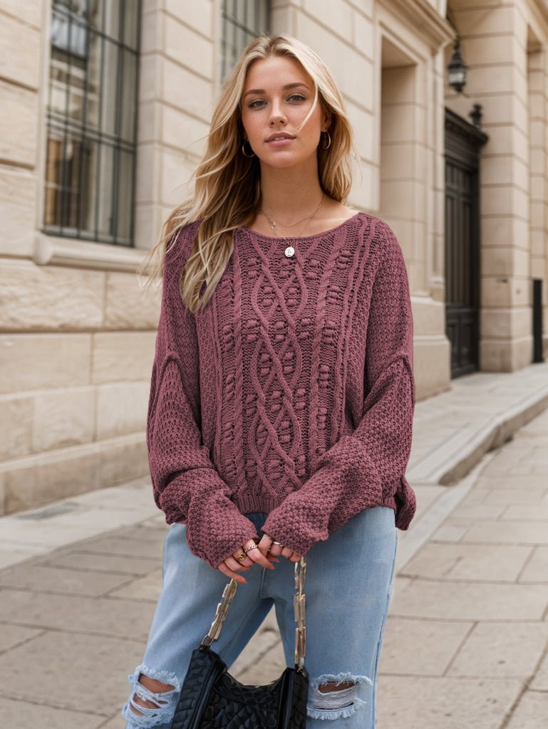 Round Neck Dropped Shoulder Long Sleeve Sweater - ViarousViarousViarous