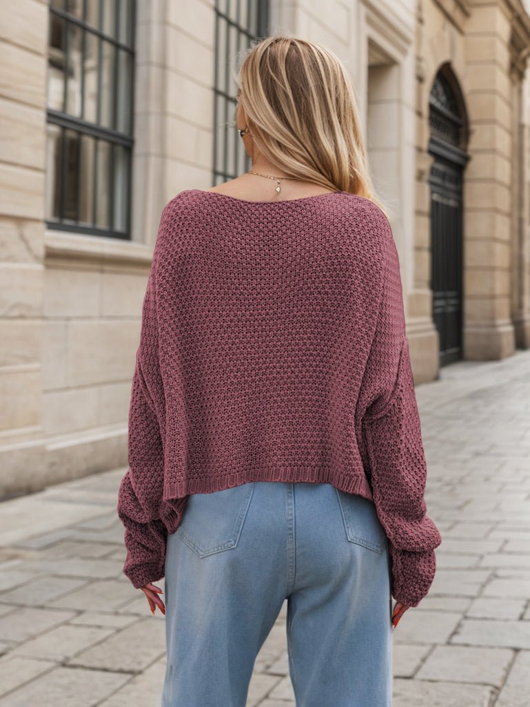 Round Neck Dropped Shoulder Long Sleeve Sweater - ViarousViarousViarous