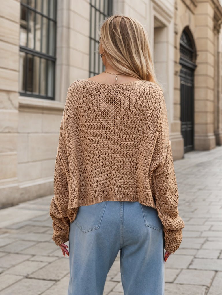 Round Neck Dropped Shoulder Long Sleeve Sweater - ViarousViarousViarous