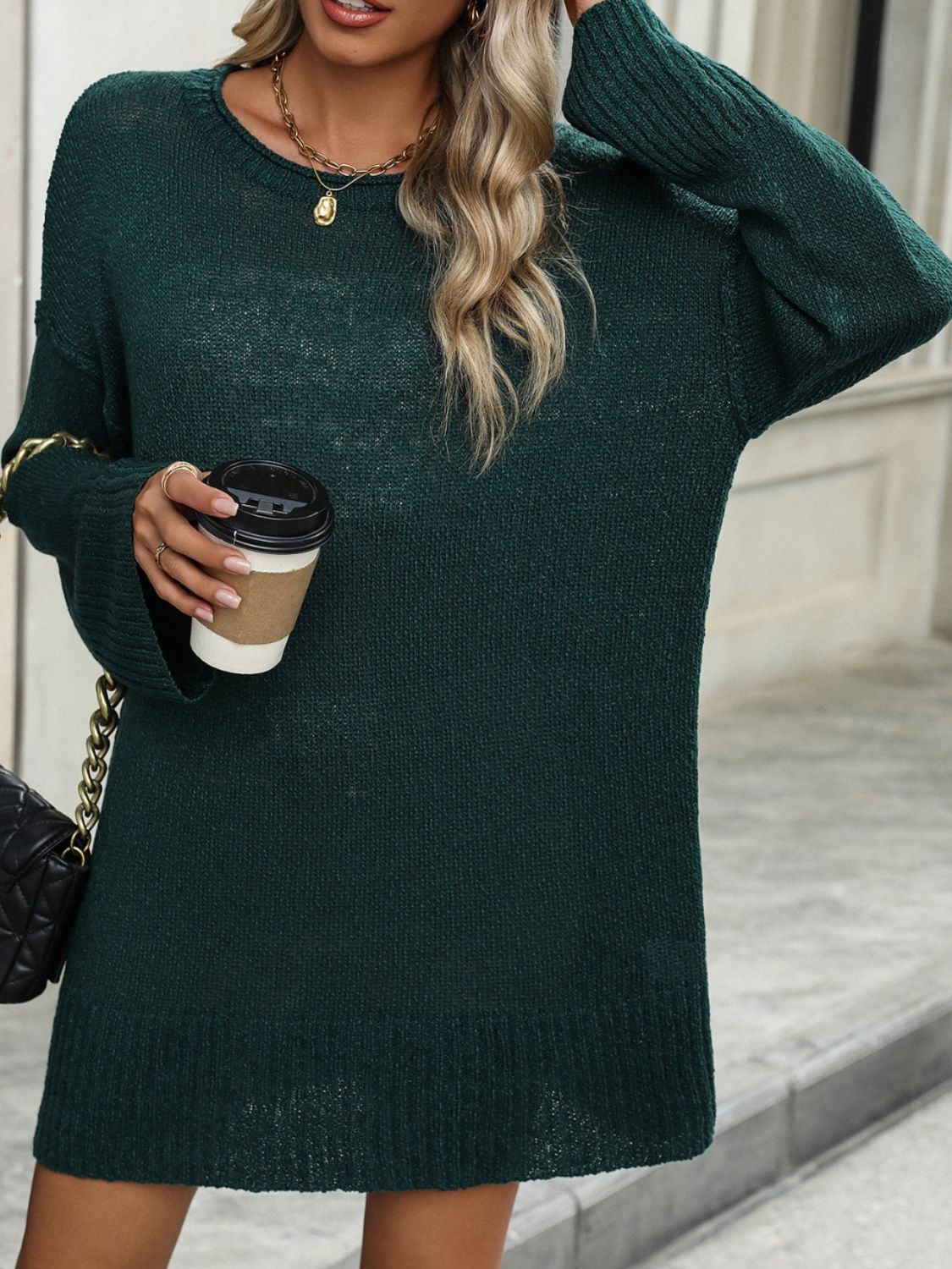 Round Neck Dropped Shoulder Sweater - ViarousViarousViarous