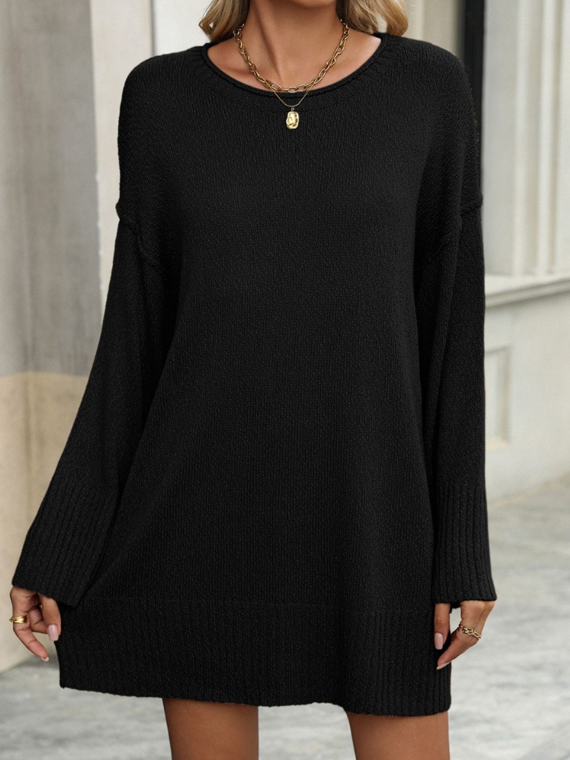 Round Neck Dropped Shoulder Sweater - ViarousViarousViarous