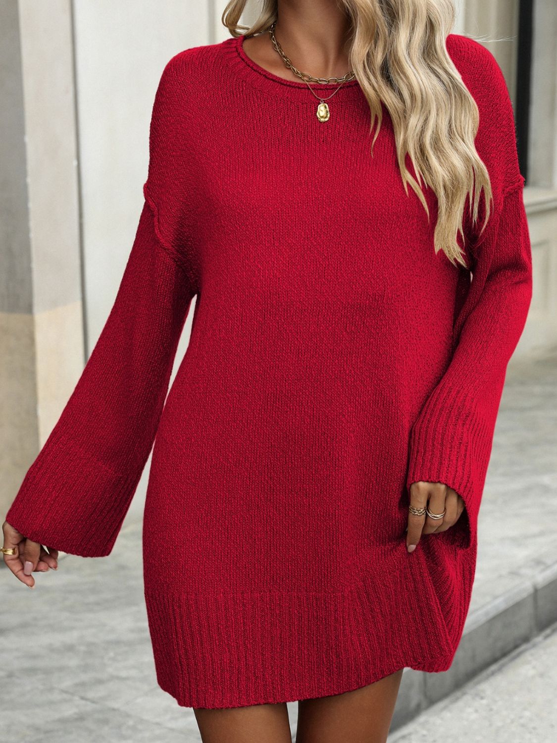 Round Neck Dropped Shoulder Sweater - ViarousViarousViarous
