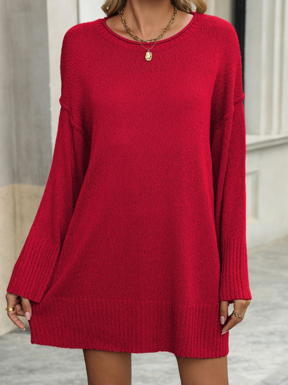 Round Neck Dropped Shoulder Sweater - ViarousViarousViarous