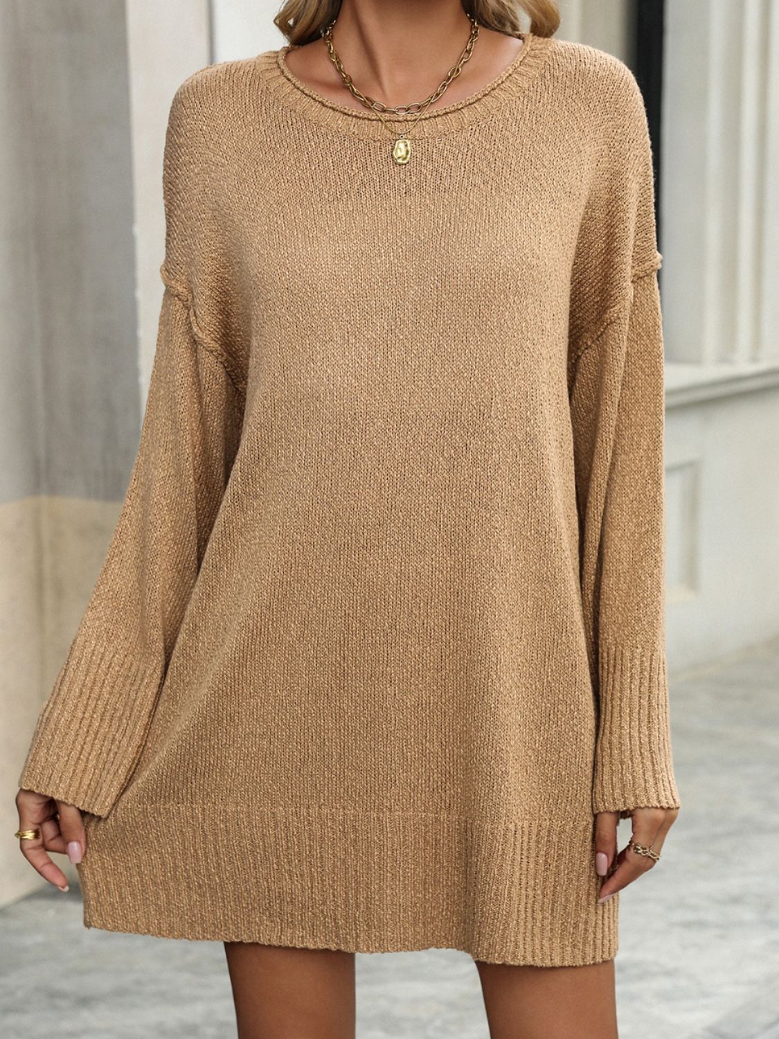 Round Neck Dropped Shoulder Sweater - ViarousViarousViarous