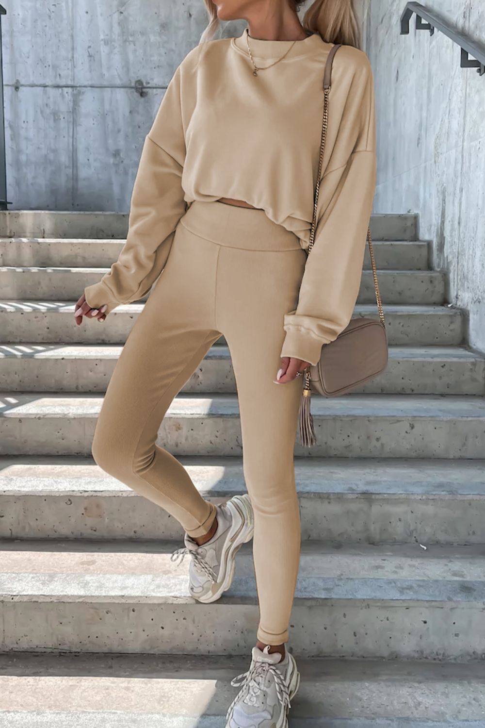 Round Neck Dropped Shoulder Sweatshirt and Pants Set - ViarousViarousViarous
