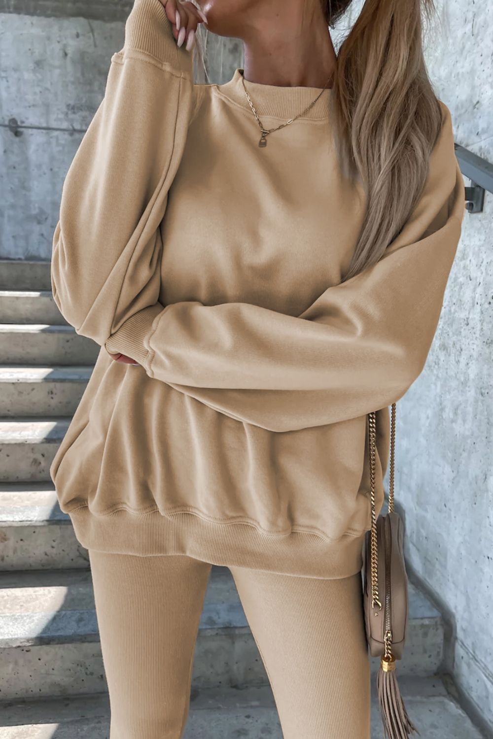 Round Neck Dropped Shoulder Sweatshirt and Pants Set - ViarousViarousViarous