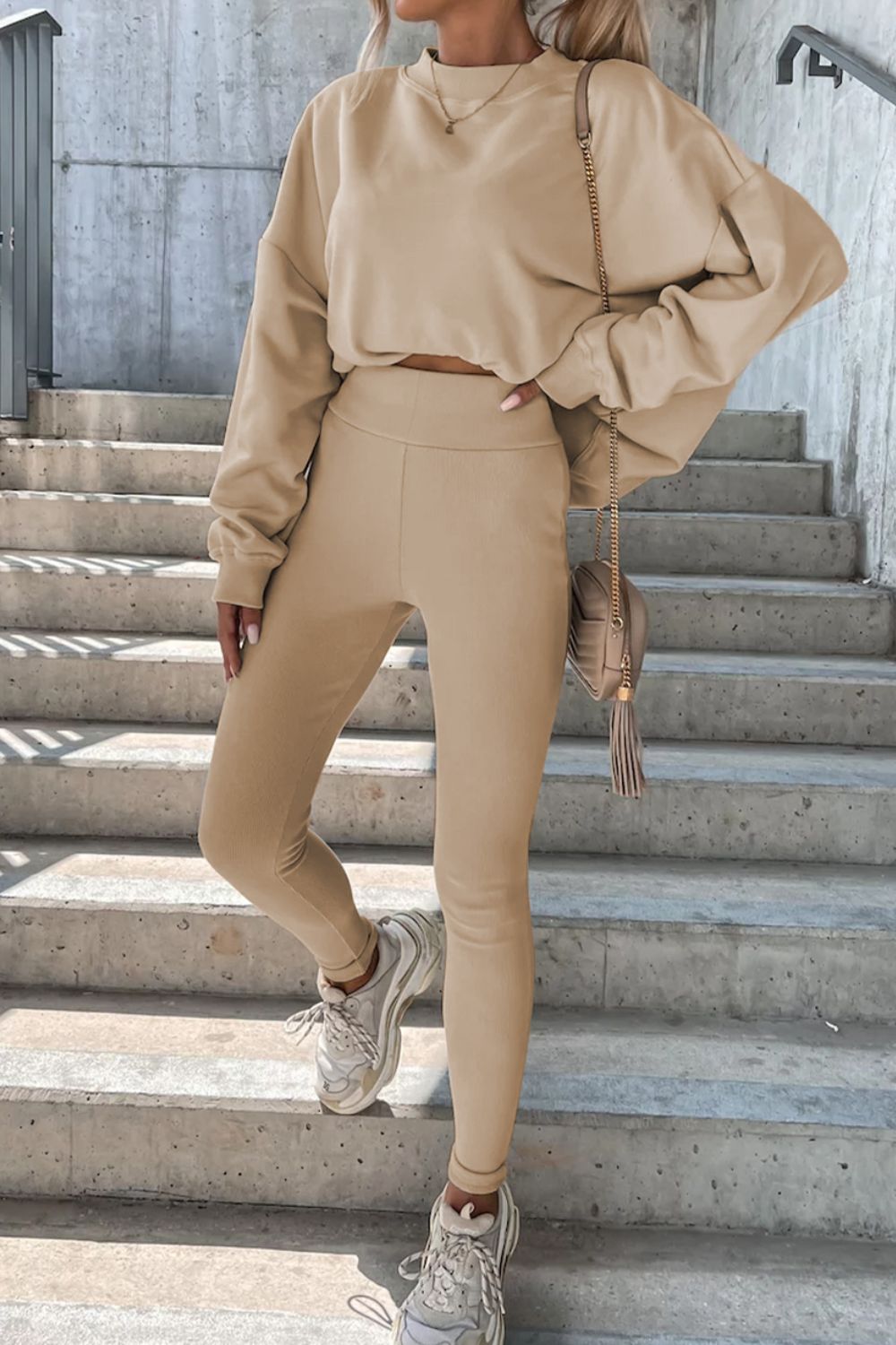 Round Neck Dropped Shoulder Sweatshirt and Pants Set - ViarousViarousViarous