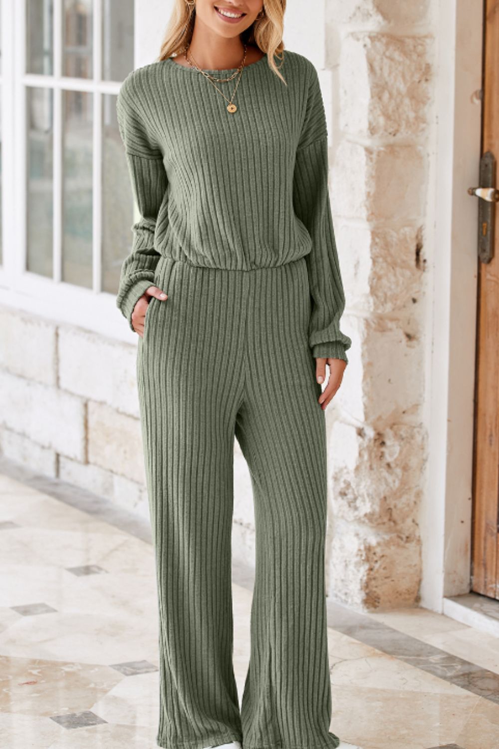 Round Neck Long Sleeve Jumpsuit - ViarousViarousViarous