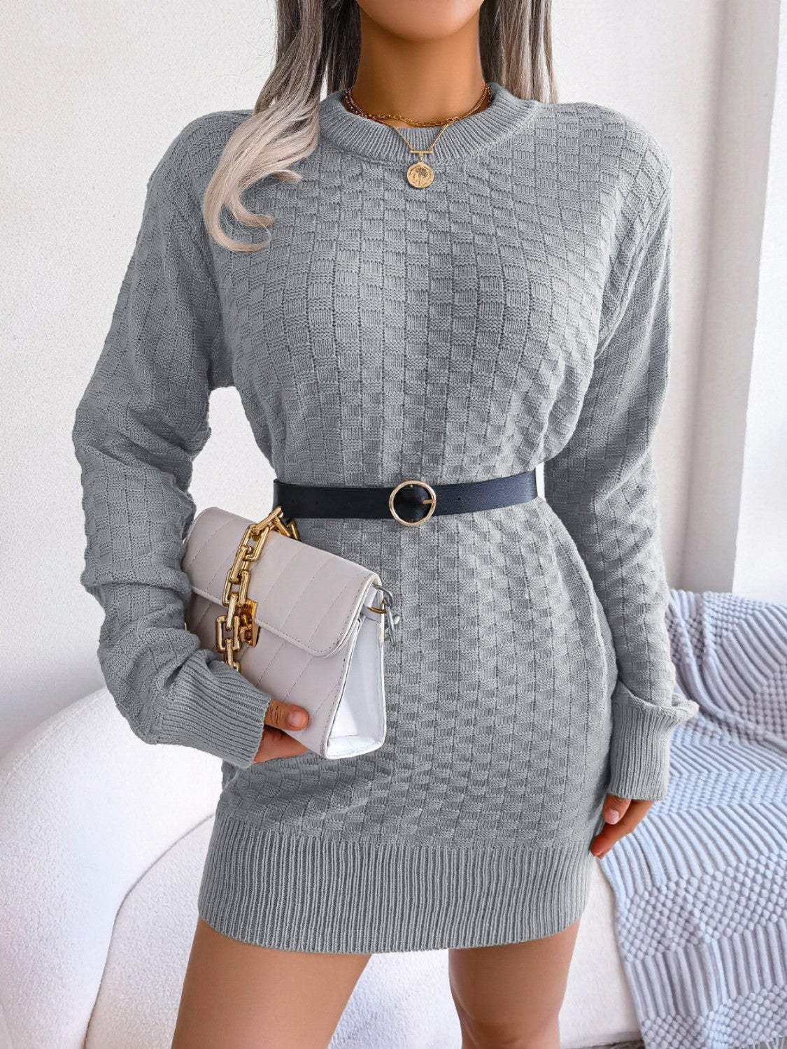 Round Neck Long Sleeve Mini Sweater Dress - ViarousViarousViarous