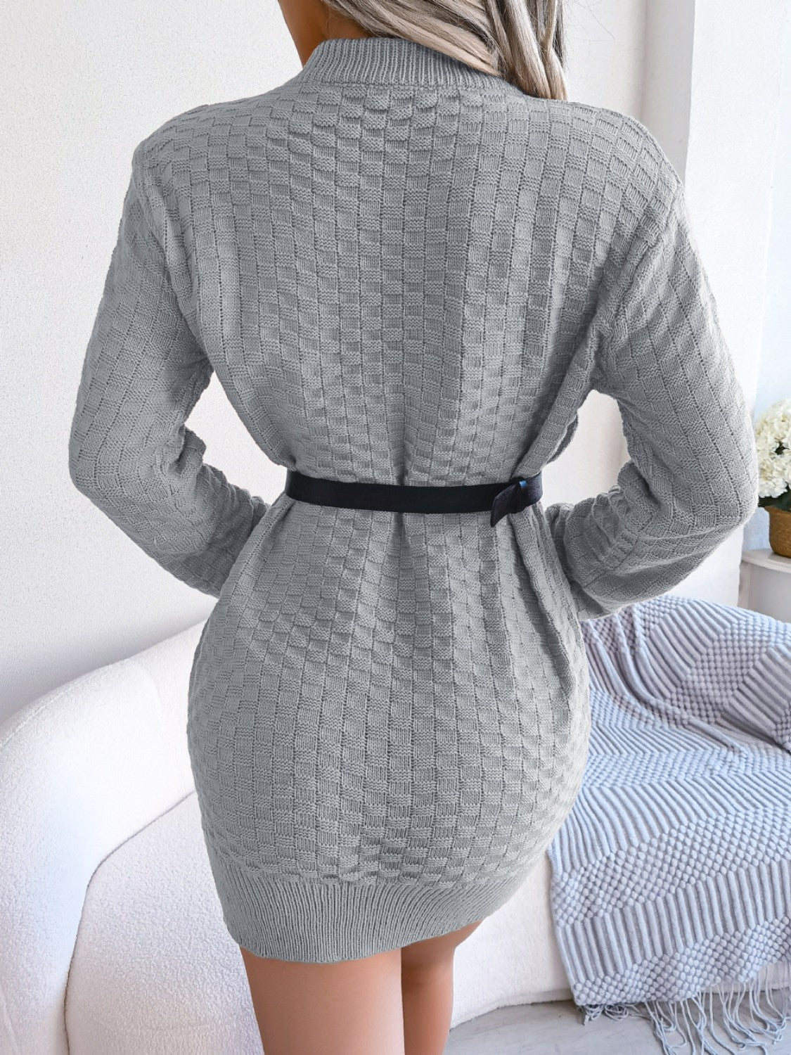 Round Neck Long Sleeve Mini Sweater Dress - ViarousViarousViarous