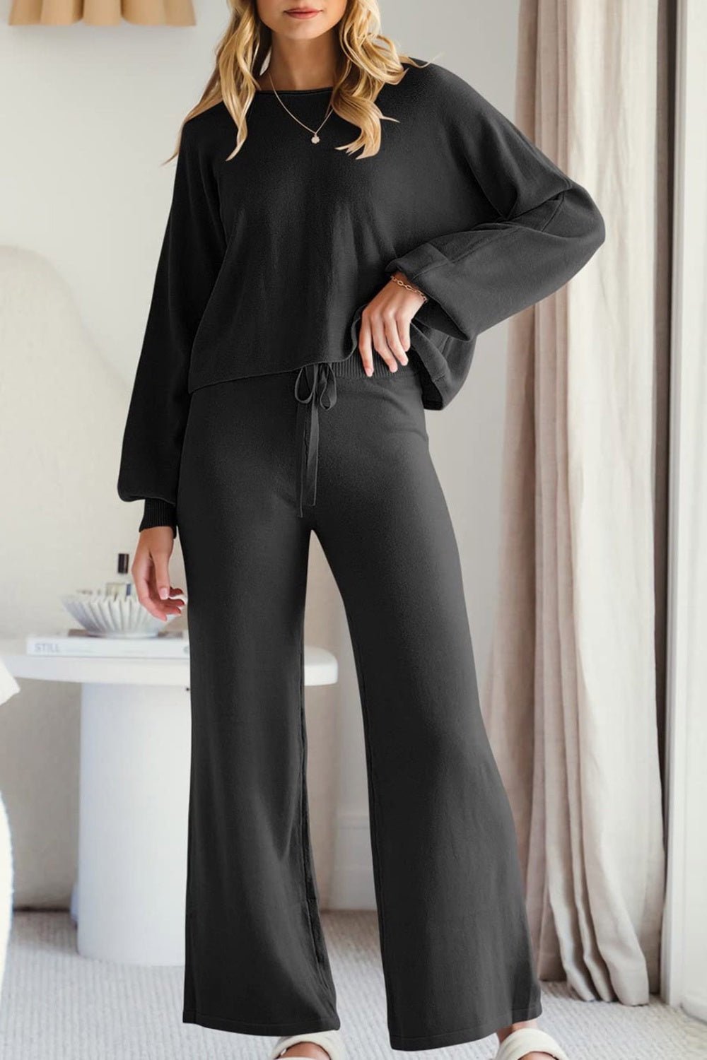 Round Neck Long Sleeve Top and Pants Set - ViarousViarousViarous
