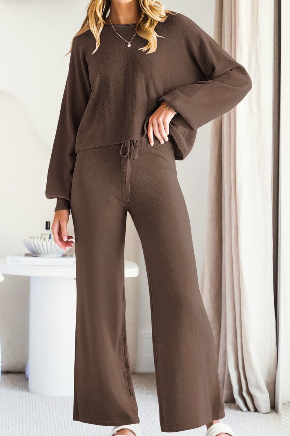 Round Neck Long Sleeve Top and Pants Set - ViarousViarousViarous