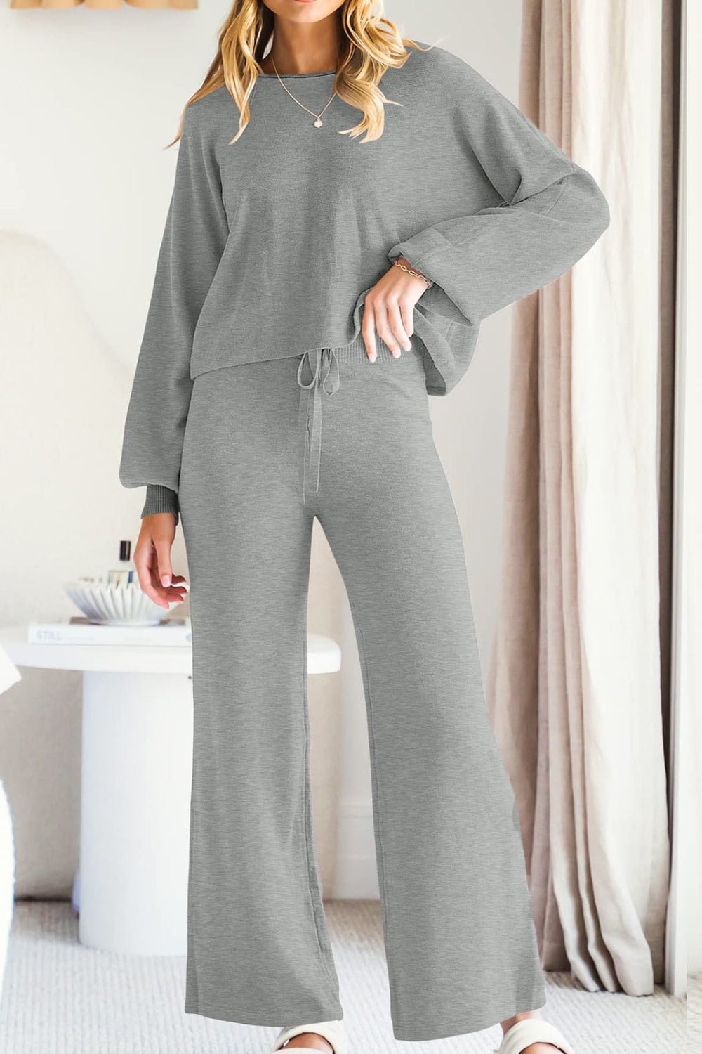 Round Neck Long Sleeve Top and Pants Set - ViarousViarousViarous