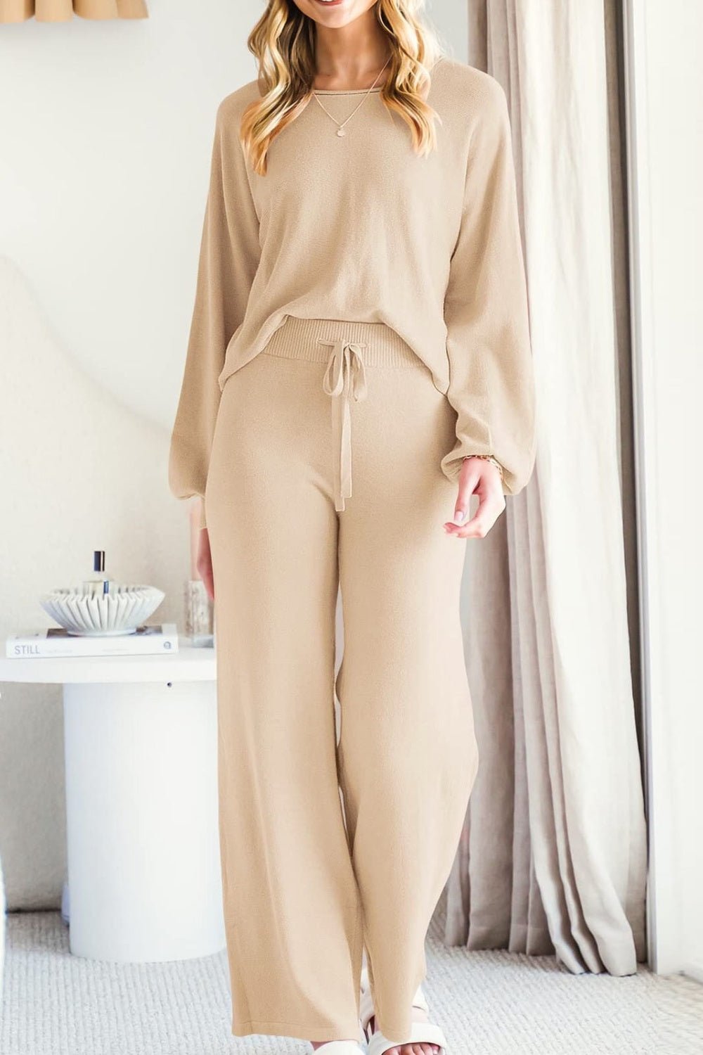 Round Neck Long Sleeve Top and Pants Set - ViarousViarousViarous