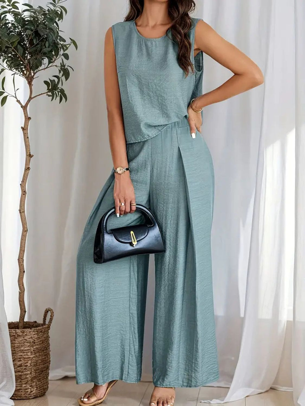 Round Neck Sleeveless Top and Wide Leg Pants Set - ViarousViarousViarous