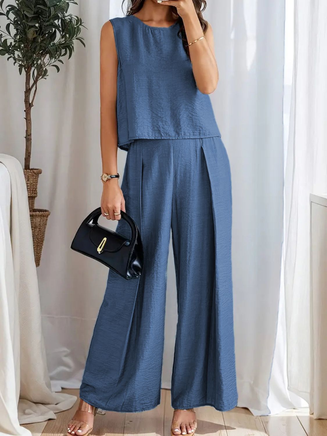 Round Neck Sleeveless Top and Wide Leg Pants Set - ViarousViarousViarous